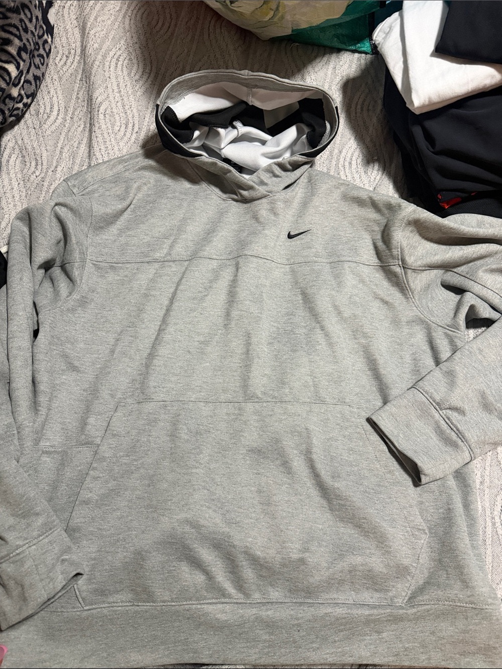 Nike Light Gray Men’s Hooded Pullover with Black Swoosh